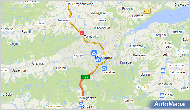 mapa Myślenice, Myślenice na mapie Targeo