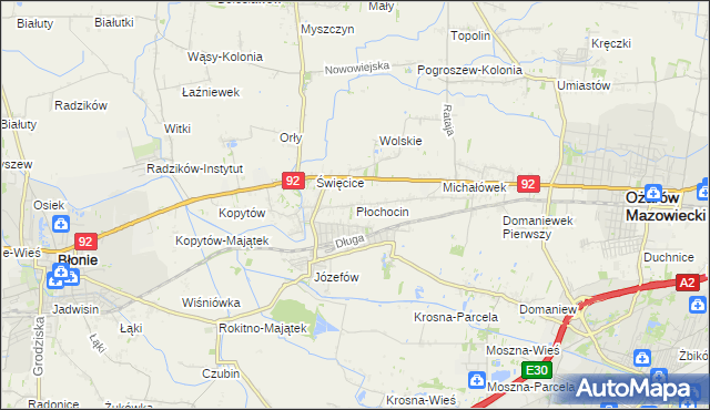 mapa Płochocin gmina Ożarów Mazowiecki, Płochocin gmina Ożarów Mazowiecki na mapie Targeo