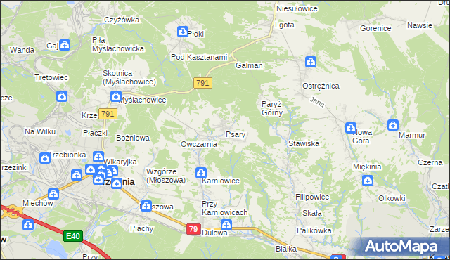 mapa Psary gmina Trzebinia, Psary gmina Trzebinia na mapie Targeo