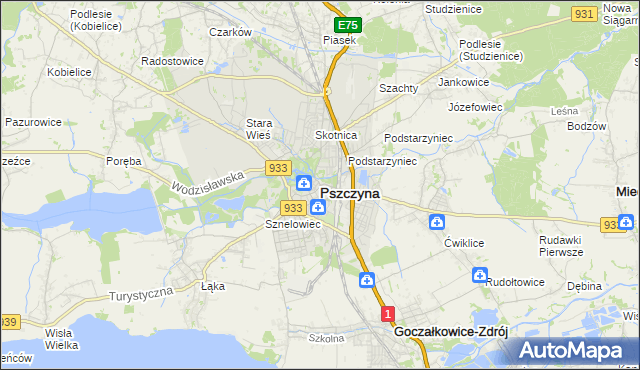 mapa Pszczyny, Pszczyna na mapie Targeo