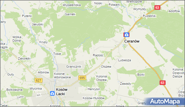 mapa Radość gmina Ceranów, Radość gmina Ceranów na mapie Targeo