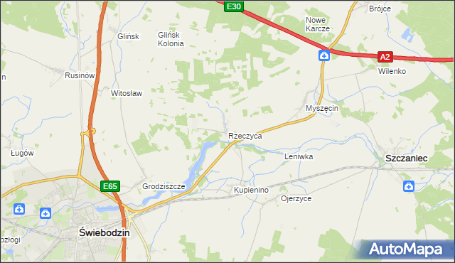 mapa Rzeczyca gmina Świebodzin, Rzeczyca gmina Świebodzin na mapie Targeo