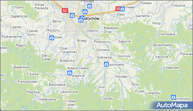 mapa Sułkowice gmina Andrychów, Sułkowice gmina Andrychów na mapie Targeo