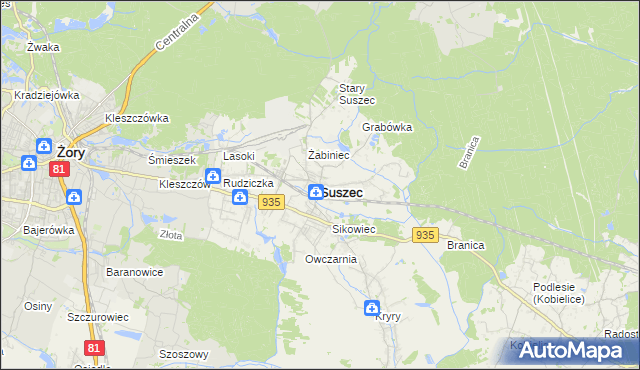 mapa Suszec powiat pszczyński, Suszec powiat pszczyński na mapie Targeo