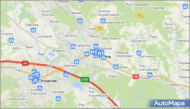 mapa Trzebinia powiat chrzanowski, Trzebinia powiat chrzanowski na mapie Targeo