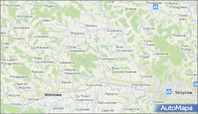 mapa Tułkowice gmina Wiśniowa, Tułkowice gmina Wiśniowa na mapie Targeo