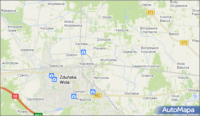 mapa Wymysłów gmina Zduńska Wola, Wymysłów gmina Zduńska Wola na mapie Targeo