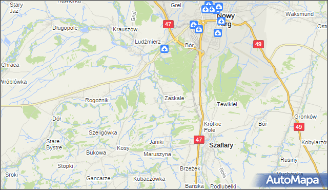 mapa Zaskale gmina Szaflary, Zaskale gmina Szaflary na mapie Targeo