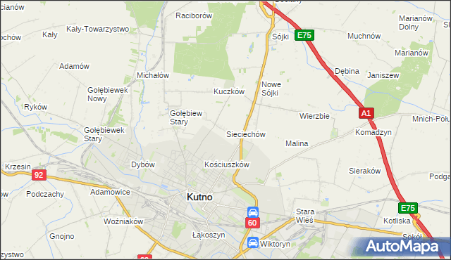 mapa Sieciechów gmina Kutno, Sieciechów gmina Kutno na mapie Targeo