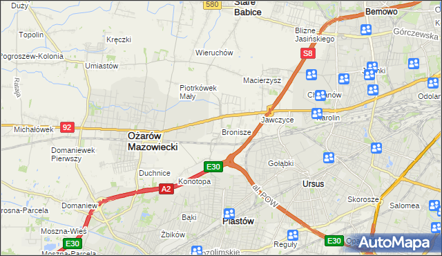 mapa Bronisze gmina Ożarów Mazowiecki, Bronisze gmina Ożarów Mazowiecki na mapie Targeo