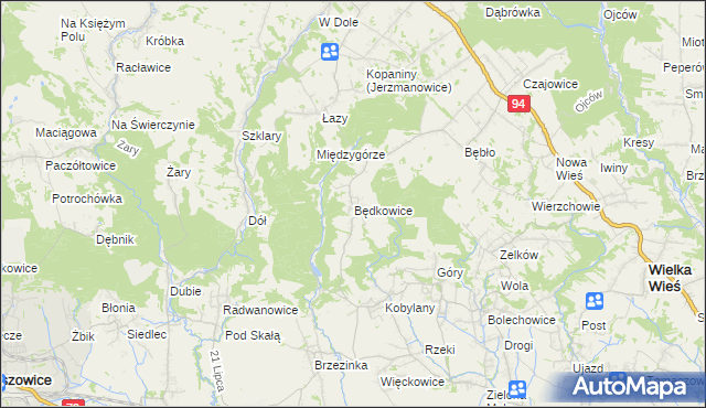 mapa Będkowice gmina Wielka Wieś, Będkowice gmina Wielka Wieś na mapie Targeo