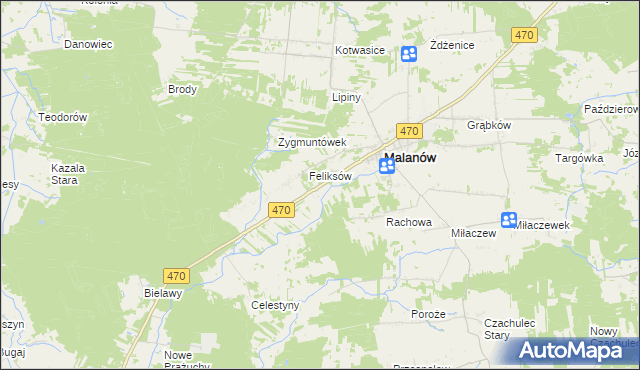 mapa Bielawy gmina Malanów, Bielawy gmina Malanów na mapie Targeo
