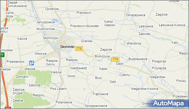 mapa Brończyce gmina Słomniki, Brończyce gmina Słomniki na mapie Targeo