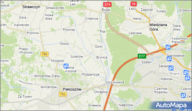 mapa Brynica gmina Piekoszów, Brynica gmina Piekoszów na mapie Targeo