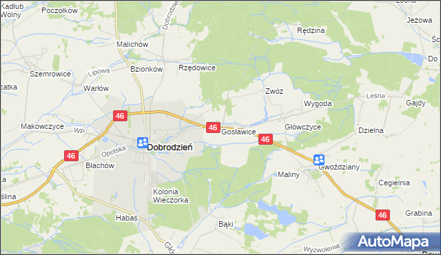 mapa Gosławice gmina Dobrodzień, Gosławice gmina Dobrodzień na mapie Targeo