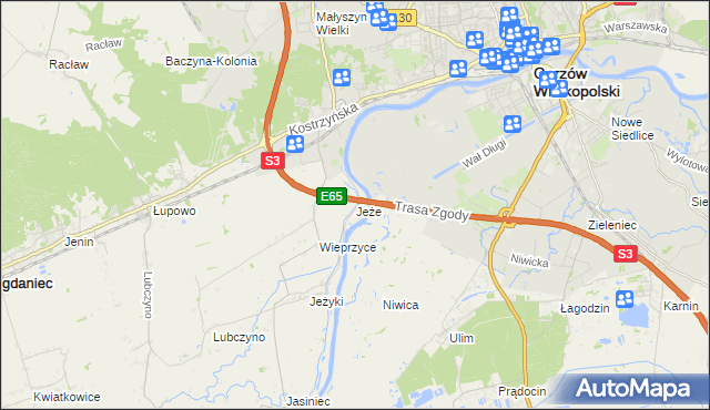mapa Jeże gmina Bogdaniec, Jeże gmina Bogdaniec na mapie Targeo