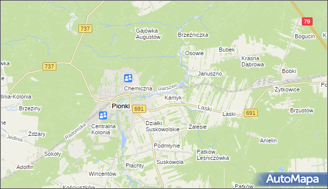 mapa Kamyk gmina Pionki, Kamyk gmina Pionki na mapie Targeo