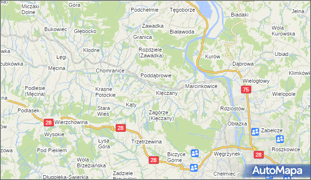 mapa Klęczany gmina Chełmiec, Klęczany gmina Chełmiec na mapie Targeo