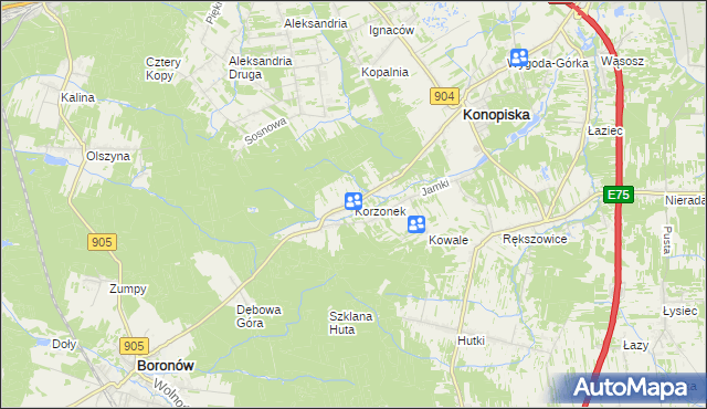 mapa Korzonek gmina Konopiska, Korzonek gmina Konopiska na mapie Targeo