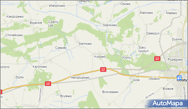 mapa Kosowo gmina Gostyń, Kosowo gmina Gostyń na mapie Targeo