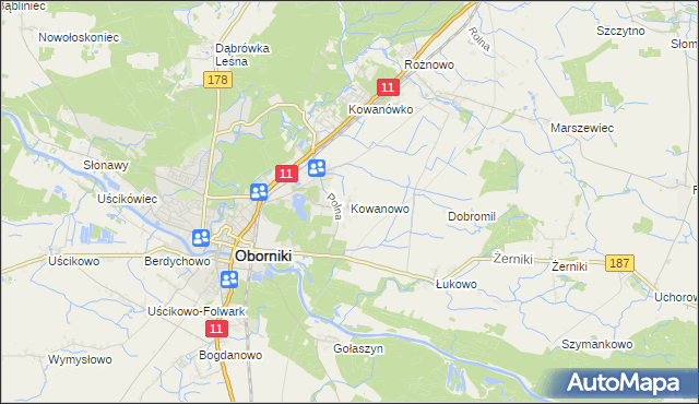 mapa Kowanowo gmina Oborniki, Kowanowo gmina Oborniki na mapie Targeo