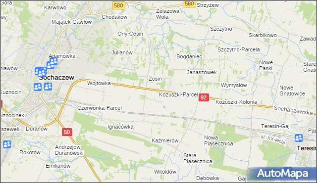 mapa Kożuszki-Parcel, Kożuszki-Parcel na mapie Targeo