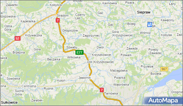 mapa Krzyszkowice gmina Myślenice, Krzyszkowice gmina Myślenice na mapie Targeo