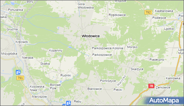 mapa Parkoszowice gmina Włodowice, Parkoszowice gmina Włodowice na mapie Targeo