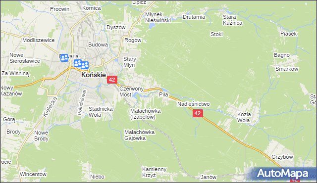 mapa Piła gmina Końskie, Piła gmina Końskie na mapie Targeo