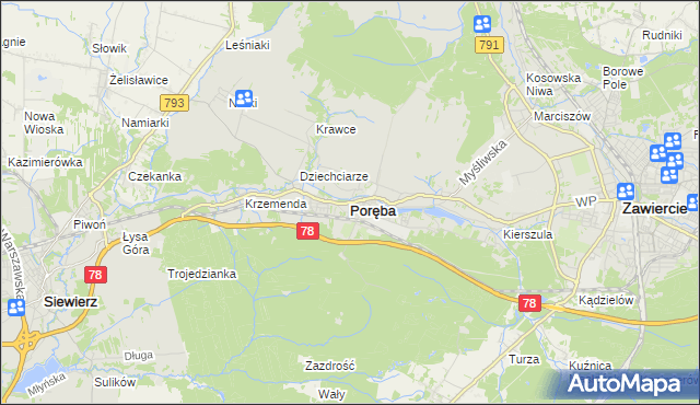 mapa Poręba powiat zawierciański, Poręba powiat zawierciański na mapie Targeo