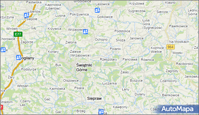 mapa Rzeszotary gmina Świątniki Górne, Rzeszotary gmina Świątniki Górne na mapie Targeo