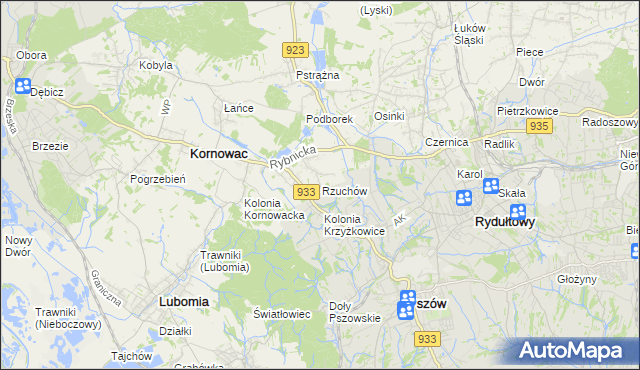mapa Rzuchów gmina Kornowac, Rzuchów gmina Kornowac na mapie Targeo