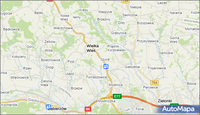 mapa Szyce gmina Wielka Wieś, Szyce gmina Wielka Wieś na mapie Targeo