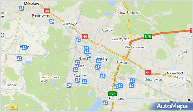 mapa Tychów, Tychy na mapie Targeo
