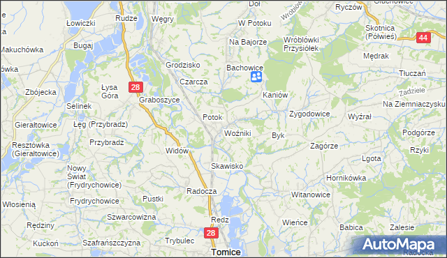 mapa Woźniki gmina Tomice, Woźniki gmina Tomice na mapie Targeo