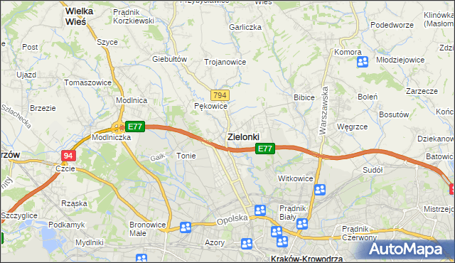 mapa Zielonki powiat krakowski, Zielonki powiat krakowski na mapie Targeo
