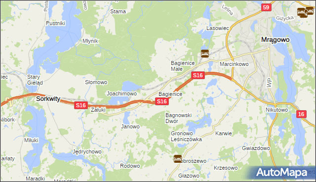 mapa Bagienice gmina Mrągowo, Bagienice gmina Mrągowo na mapie Targeo