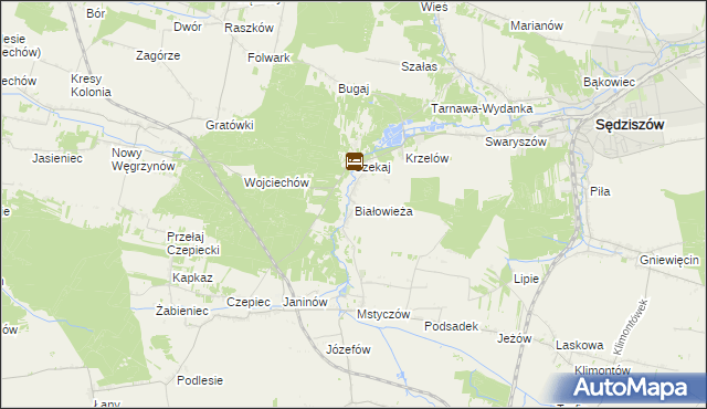mapa Białowieża gmina Sędziszów, Białowieża gmina Sędziszów na mapie Targeo