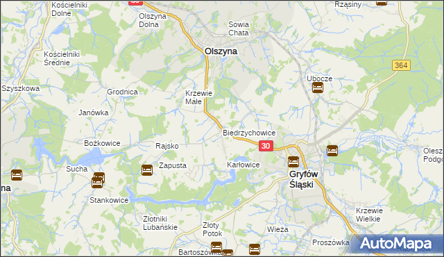 mapa Biedrzychowice gmina Olszyna, Biedrzychowice gmina Olszyna na mapie Targeo