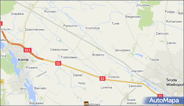 mapa Brzeziny gmina Środa Wielkopolska, Brzeziny gmina Środa Wielkopolska na mapie Targeo