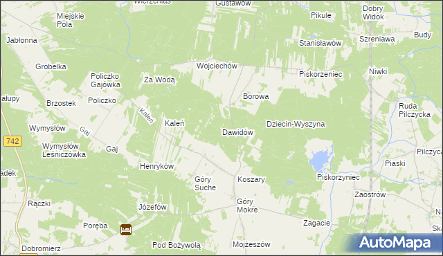 mapa Dawidów gmina Przedbórz, Dawidów gmina Przedbórz na mapie Targeo