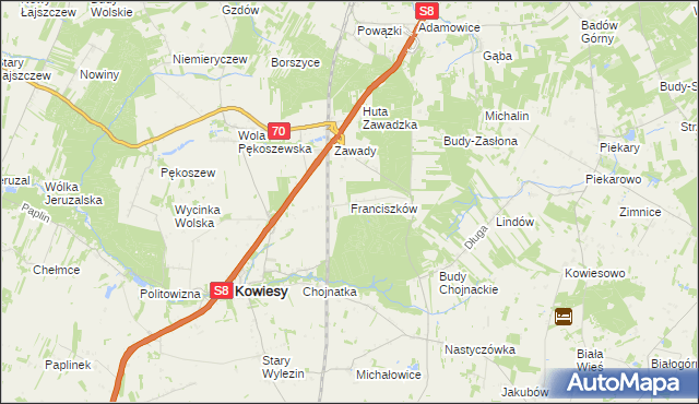 mapa Franciszków gmina Kowiesy, Franciszków gmina Kowiesy na mapie Targeo