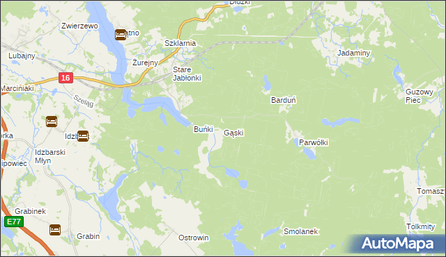 mapa Gąski gmina Ostróda, Gąski gmina Ostróda na mapie Targeo