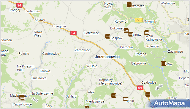 mapa Jerzmanowice gmina Jerzmanowice-Przeginia, Jerzmanowice gmina Jerzmanowice-Przeginia na mapie Targeo