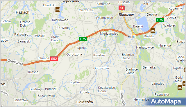 mapa Kisielów gmina Goleszów, Kisielów gmina Goleszów na mapie Targeo