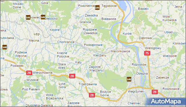 mapa Klęczany gmina Chełmiec, Klęczany gmina Chełmiec na mapie Targeo