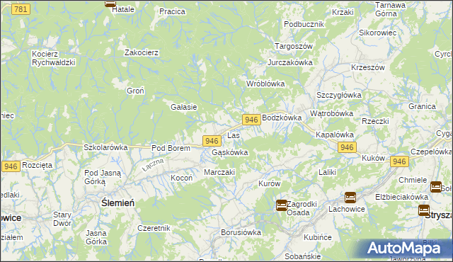 mapa Las gmina Ślemień, Las gmina Ślemień na mapie Targeo