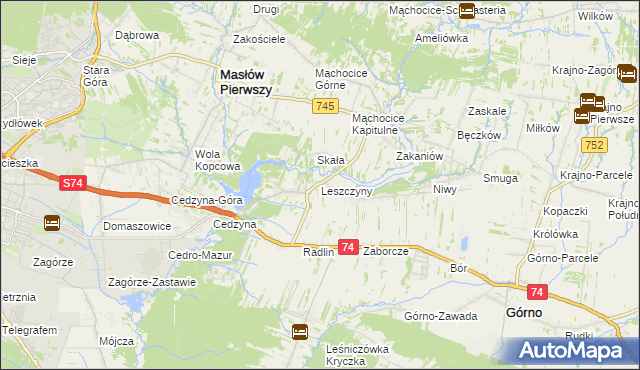mapa Leszczyny gmina Górno, Leszczyny gmina Górno na mapie Targeo