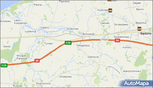 mapa Miłogoszcz gmina Będzino, Miłogoszcz gmina Będzino na mapie Targeo