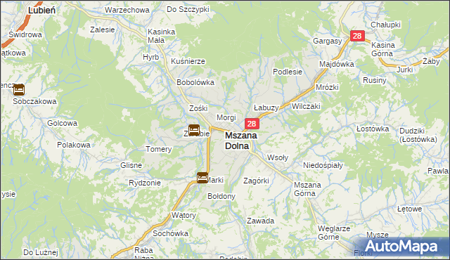 mapa Mszana Dolna, Mszana Dolna na mapie Targeo